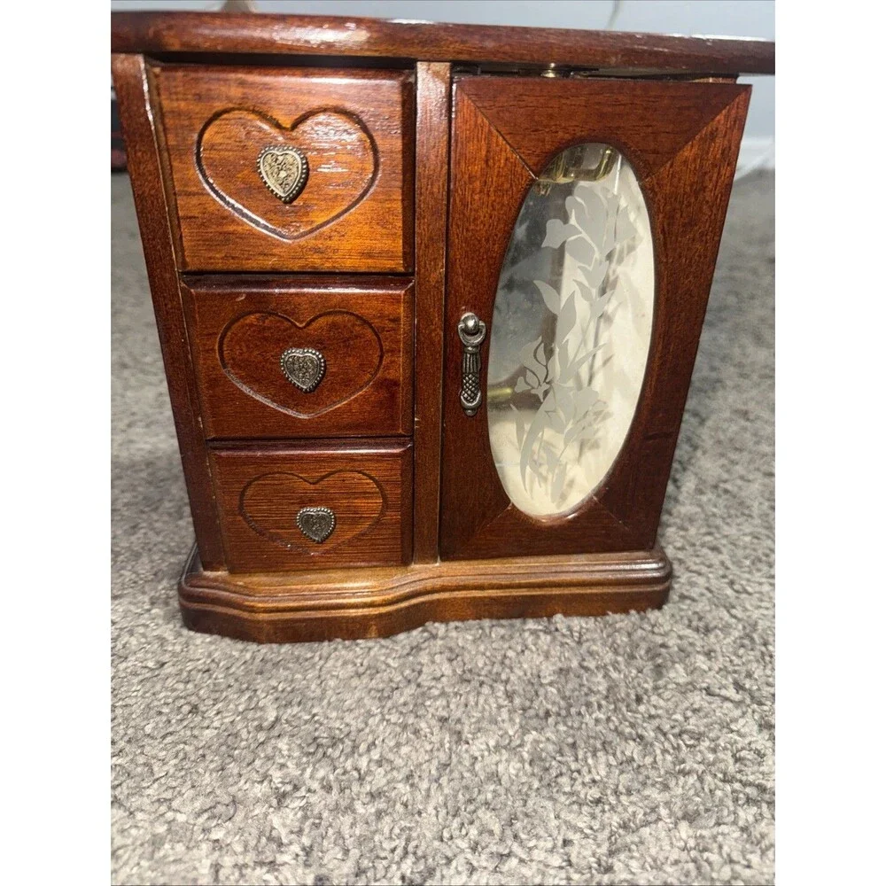 Small Vintage Wooden Jewelry Box Armoire Etched Glass Hearts Drawers Cabinet